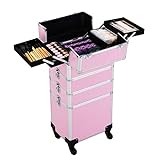 Yaheetech Pilotenkoffer Friseurkoffer Beautycase Schminkkoffer Kosmetikkoffer Trolley aus Aluminium 4 in 1 Pink