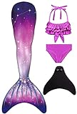BOSKRU Mädchen Meerjungfrau Flosse Badeanzug für Schwimmen Meerjungfrauenflosse mit Bikini Set und Monoflosse, 4 Stück Set, Mehrfarbig (PR03), 140