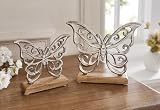 Dekoleidenschaft 2X Schmetterling Silber aus Aluminium im Antik Look & Mango Holz, Frühlings-Deko, Dekofigur, modernes Figurenset für Wohnzimmer, Küche, Fensterbank, Butterfly