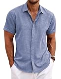 COOFANDY Hemd Herren Sommer Leinenhemd Freizeit Kurzarmhemd Bügelfrei Einfarbig Regular Fit Freizeithemd Tiefes Blau XXL