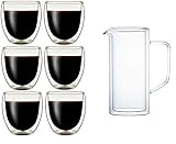 Klasique Doppelwandige Gläser Doppelwandglas 250 ml, Thermoglas mit Schwebeeffekt im 6er Set + Doppelwandiger Krug/Karaffe 1 L, für, Cappucino, Tee, Eistee, Säfte, Wasser, Cola, Cocktails