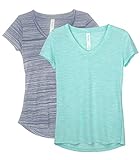 icyzone Damen T-Shirt Kurzarm V-Ausschnitt Yoga Tops Casual Sport Shirt 2er Pack (XXL, Placid Blue/Ice Green)