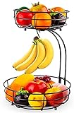 2 Stöckig Obstkorb mit Bananenhalter, Stehend Täglicher Küche moderne Obstschale, praktischer Obstschale Gemüsekorb aus Metall, Schwarz