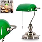 Tischleuchte Havsta, 1-flammige Tischlampe aus Metall in Altmessing, Vintage Leuchte im Retro Design mit Glasschirm in Grün, mit Zugschalter, 1 x E27-Fassung max. 15 Watt