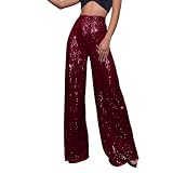 CreoQIJI Pailletten Hose Damen Gold-Silber Hose Lang Glitzer Hose Lang High Waist Baggy Jogginghose Weites Bein Sommerhose Locker Weite Hose Große Größen Paillettenhose Büro Pants Glitzer H