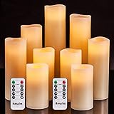 LED Kerzen Set von 9 Flammenlose Kerzen Batteriebetriebene Kerzen D2.2xH 4'5' 6'7' 8'9' Echtwachssäule Kerzen Flackern mit Fernbedienung und Timer-Steuerung, Elfenbein Farbe（9x1）