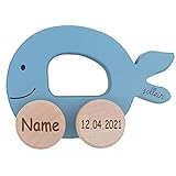 Elefantasie Spielzeug Wal auf Rollen aus Holz mit Namen und Geburtsdatum graviert blau