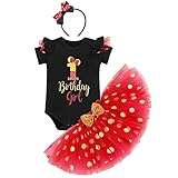 IBTOM CASTLE Baby Mädchen 3. Geburtstag Outfits Kurzarm T-Shirt Top+Polka Dot Tüll Tutu Rock+Mouse Stirnband 3tlg Prinzessin Geburtstagsparty Kleid Kuchen Smash Fotoshooting Schwarz+Rot-3 3 J