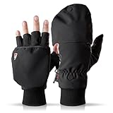 Heat 2 Fingerlose Handschuhe und Fäustlinge Kombination, warme Winterhandschuhe gegen den Wind und Kälte im Winter – Sporthandschuhe, Fahrradhandschuhe Damen, Herren, schwarz, Large