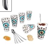 MamboCat 12tlg Set Cremona Latte Macchiato Gläser blau & Twist Latte Macchiato Löffel L19cm I für 6 Personen I Milchglas-Optik mit Kaffeebohnen | mit geschwungenem Griff, aus 18/10 EdelstahI