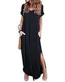 ZANZEA Damen V-Ausschnitt Kurzarm Strand Sommerkleid langes Abendkleid mit Tasche Black 4XL