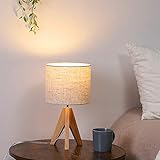 EDISHINE Nachttischlampe aus Holz, Stativ Tischlampe E27 Fassung, vintage beiger Lampenschirm aus Leinen, für Schlafzimmer, Wohnzimmer, CE-Zertifiziert