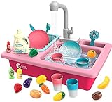 cute stone Küchenspüle Spielzeug Set mit Warmwasserhahn Farbwechsel Geschirr, Wasser-Recycling Waschbecken mit Schneiden Obst für Mädchen ab 3 Jahre (Rosa)