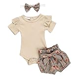 Borlai 3 Stück Sommer Outfits für Baby Mädchen Strampler + Blumen Shorts + Stirnband für 0-24 Monate, 0-6 Monate
