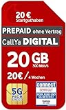 Prepaid CallYa Digital | Dauerhaft 20 GB Datenvolumen | 20 Euro Startguthaben | monatlich kündbar | 5G-Netz | Telefon- SMS-Flat | EU-Roaming inkl.