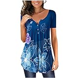 RKaixuni Shirts für Frauen 2023 Sommer Kurzarm Trendy V Ausschnitt Hide Belly T-Shirts Floral Graphic Tee Flowy Tunika Tops, blau, M