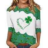 St. Patrick's Day 3/4 Ärmel Pullover FüR Damen Langarm Rundhals T-Shirt Lucky Grünem Hut Muster Langarmshirt Irischer Seamrog Basic Tee Tops Oberteile Irish Festivalkostüm Lose Pullover für F