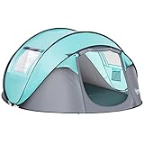 Outsunny Pop-Up Campingzelt für 4 Personen mit 2 Fenstern, 2 Türen, Transporttasche, Maße: 286 x 209 x 122 cm, Polyester – Blau und Hellg
