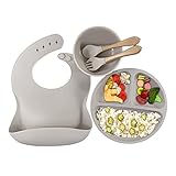 Kensbro 5 Stück Satz Kinderteller Sets Rutschfest Silikon Baby Teller mit Lätzchen Schüssel Gabel Löffel BPA-Frei Baby Geschirrset für Baby Kleinkind und Kinder(Grau)