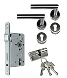 SN-TEC Zimmertür/Wohnungstür Komplett Set, Edelstahl Rosetten Beschlag L-Form (beidseitig Drücker) + PZ Schloss (DIN Links) + Profilzylinder incl. 3x Schlü