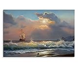 Paul Sinus Art 120x80cm Leinwandbild auf Keilrahmen Ölgemälde Strand Meer Wellen Segelboot Wolken Wandbild auf Leinwand als Panorama