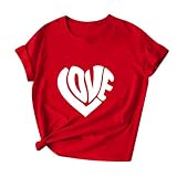 Damen-Shirts und Blusen, lässiger Herzdruck, kurzärmelig, Rundhalsausschnitt, Tunika, Tops, lockerer Basic-Pullover, bequemes T-Shirt, Frühling, Sommer, Valentinstag, 02red, 3XL
