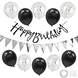Geburtstag Dekoration Set,Silber Schwarz Happy Birthday Banner Set mit Luftballons Konfetti Ballons Dreiecksflaggen Girlanden für Geburtstag Deko Party Supplies