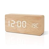FiBiSonic Holz Wecker Tischuhr Uhr, LED Digitaler Wecker Standuhr mit Datum/Temperatur/USB/Batteriebetrieb Bambus Weiß
