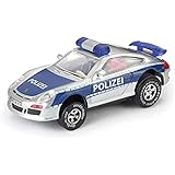 Darda 50341 Darda Auto Porsche GT3 Polizei blau / silber, Rennauto mit auswechselbaren Rückzugsmotor, Fahrzeug mit Motor zum Aufziehen für Kinder ab 5 Jahre, Aufziehauto für Darda Rennbahnen