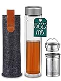 Cosumy Teeflasche mit Edelstahl Sieb - Doppelwandiges Glas - Hitzebeständig - 500ml Trinkflasche to Go inkl. Filztasche