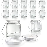 WeddingTree 12 x Windlicht Glas mit Bügel und Dekoband weiß - Teelichtgläser - Einfach Abnehmbarer Metallbügel - Deko für Hochzeit (Standard)