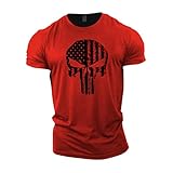 Gymtier, Bodybuilding-T-Shirt für Herren – Schädel mit US-Flagge – Trainings-Top Gr. XXL, rot