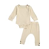 Neugeborene BAB Junge Mädchen gerippte Outfits Solid Knit Strampler Langarm Bodysuit Hosen Pyjamas Set 2St. Herbst Winter Kleidung (A-Beige, 0-3 Months)