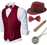 Coucoland 1920s Accessoires Herren Mafia Gatsby Kostüm Set inklusive Panama Gangster Hut Herren Weste Halsschleife Fliege Taschenuhr und Plastik Zigarre (Weinrot, M)
