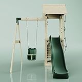 Rebo Spielturm mit Wellenrutsche und Baby-Schaukel | Outdoor Klettergerüst Garten | Kletterseil und Kletterleiter | Stabile Konstruktion, Weiches Gefühl in den Seilen