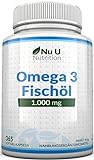 Omega 3 Fischöl 1000mg - 365 Softgelkapseln - Reines Fischöl aus Nachhaltigem Fischfang - Tryglicerid-Form - 900mg EPA & DHA pro dosiert - Nu U Nutrition