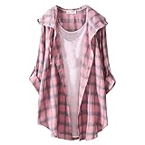 Kariertes Langarmhemd für Damen, Strickjacke, lockeres Hemd, dünner T-Shirt-Hoodie Lange Shirts Damen (0801E-Pink, L)