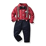 PURSKYY Baby Jungen Gentleman Outfits Anzug, Kleinkind Jungen Smoking Kleidung Set roten Streifen Kleid T-Shirt + Fliege + abnehmbare Hosenträger Hose formale Anzüge, rot schwarz, 12-24 Monate