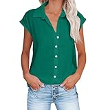 Musselin Bluse Damen Casual Fashion, Oberteile Aus Baumwolle Und Leinen Mit Knopfleiste, Kurzärmeliges Hemd Revers T-Shirt, Oberteile Elegant Schick, Bluse Leicht Und Luftig, Shirt Top Weich B