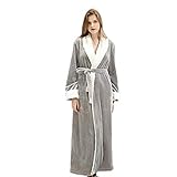 VKTY Flanell-Bademantel, Schalkragen, Fleece-Robe für den Winter, leicht, warm, bequem, langer Kimono-Bademantel, Winter-Nachtwäsche für Erwachsene (Grau/M)