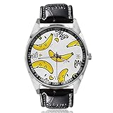 Emoji-Bananen-Uhren, Quarz-Armbanduhr für Damen und Herren, Business-Originalität, Unisex, Leder, silberfarbenes Zifferblatt, silber