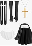 FairyPeach 5-Teiliges Set Nonnenkostüm, Nonnenkostüm Damen, Karneval Nonnenkostüm, Nonnenzubehör mit Nonnentiara, Kragen, Handschuhen, Kniestrümpfen und Kreuz, für Halloween, Karneval Cosplay