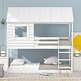 Moimhear Kinderbett Holz Etagenbett 90 X 200 cm, Kinder hausbett mit Dach, Leiter und Lattenrost weiß (Weiß)
