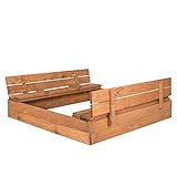 SPRINGOS Sandkasten mit Sitzbank, 120 cm x 120 cm, Abdeckung, Holz, Imprägniert, Kindersandkasten, Spielplatz