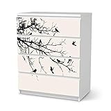 Möbel-Folie passend für IKEA Malm Kommode 4 Schubladen I Möbelfolie - Möbel-Tattoo Sticker Aufkleber I Deko Ideen Wohnung für Esszimmer und Wohnzimmer - Design: Tree and Birds 1