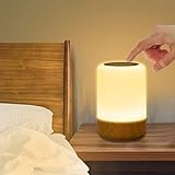 LED Nachttischlampe Touch Dimmbar, Tischlampe Kabellos mit 8 Farben und 3 Modi, Holzmaserung Nachtlicht Batterie USB-Aufladung mit Timer für Schlafzimmer Wohnzimmer (Walnussfarbe)
