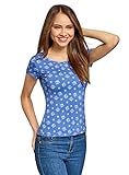 oodji Ultra Damen Bedrucktes T-Shirt mit Rundhalsausschnitt, Blau, DE 36 / EU 38 / S