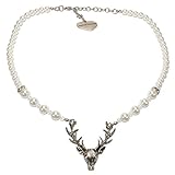 Alpenflüstern Perlen-Trachtenkette Hirsch - Damen-Trachtenschmuck mit Hirsch-Geweih, Elegante Dirndlkette Creme-weiß DHK203