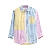 BBTURE Patchwork-Hemd für Herren, langärmelig, Revers, Camisole mit gestreiften Farben, lockere Knöpfe, blau, XL