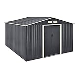 [en.casa] Geräteschuppen 277x319x192cm Gartenhaus 15 m³ mit Satteldach Metallrahmen Schuppen aus Stahlblech Abschließbar Gerätehaus 2 Schiebetür Dunkelg